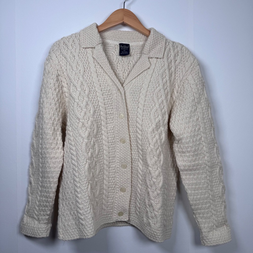 Paul James Fisherman Cable Knit Cardigan Women L Cream Wool England Cottage Aran